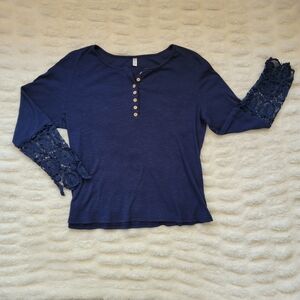 Elegant Navy Blouse with Lace Accents